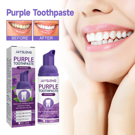 Teeth whitening mousse, mint toothpaste, remove yellow stains, purple toothpaste for whitening, best teeth whitening mousse, fresh breath toothpaste, bad breath remover, whitening foam toothpaste, deep cleaning toothpaste, gum care toothpaste, oral odor removal, stain-removing toothpaste, gentle whitening toothpaste, natural teeth whitener, best toothpaste for stains, instant teeth whitening, purple color correction toothpaste, strong stain remover for teeth, plaque remover toothpaste, foaming teeth cleanse