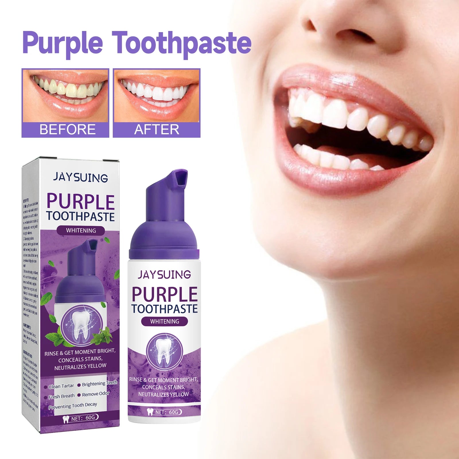 Teeth whitening mousse, mint toothpaste, remove yellow stains, purple toothpaste for whitening, best teeth whitening mousse, fresh breath toothpaste, bad breath remover, whitening foam toothpaste, deep cleaning toothpaste, gum care toothpaste, oral odor removal, stain-removing toothpaste, gentle whitening toothpaste, natural teeth whitener, best toothpaste for stains, instant teeth whitening, purple color correction toothpaste, strong stain remover for teeth, plaque remover toothpaste, foaming teeth cleanse