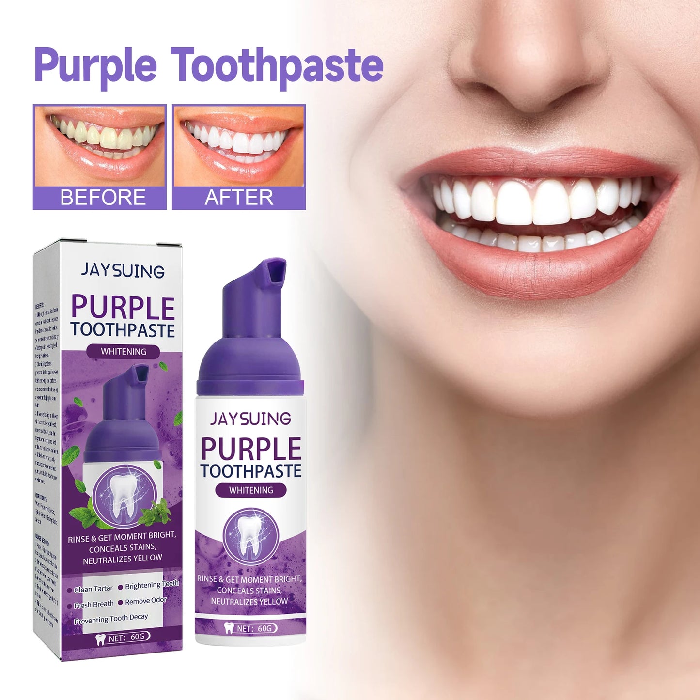 Teeth whitening mousse, mint toothpaste, remove yellow stains, purple toothpaste for whitening, best teeth whitening mousse, fresh breath toothpaste, bad breath remover, whitening foam toothpaste, deep cleaning toothpaste, gum care toothpaste, oral odor removal, stain-removing toothpaste, gentle whitening toothpaste, natural teeth whitener, best toothpaste for stains, instant teeth whitening, purple color correction toothpaste, strong stain remover for teeth, plaque remover toothpaste, foaming teeth cleanse