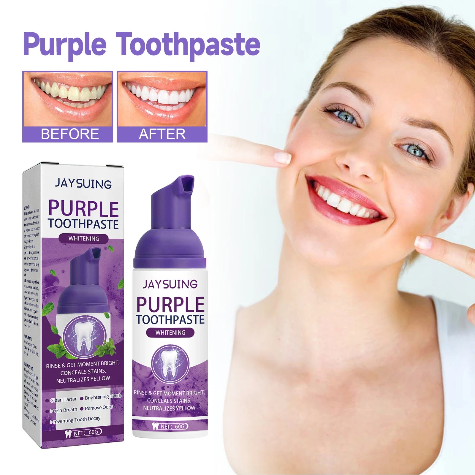 Teeth whitening mousse, mint toothpaste, remove yellow stains, purple toothpaste for whitening, best teeth whitening mousse, fresh breath toothpaste, bad breath remover, whitening foam toothpaste, deep cleaning toothpaste, gum care toothpaste, oral odor removal, stain-removing toothpaste, gentle whitening toothpaste, natural teeth whitener, best toothpaste for stains, instant teeth whitening, purple color correction toothpaste, strong stain remover for teeth, plaque remover toothpaste, foaming teeth cleanse